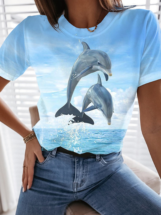  Damen T Shirt Design 3D-Druck Graphic 3D Design Kurzarm Rundhalsausschnitt Festtage Bedruckt Kleidung Design Basic Strand Design Blau