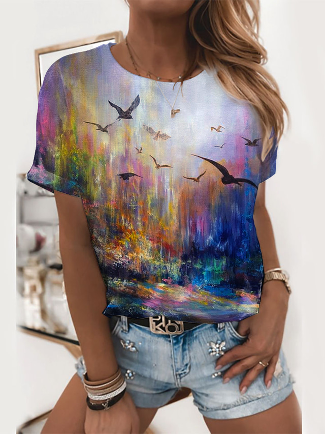  Damen T Shirt Design 3D-Druck Graphic Landschaft Design Kurzarm Rundhalsausschnitt Täglich Bedruckt Kleidung Design Basic Regenbogen