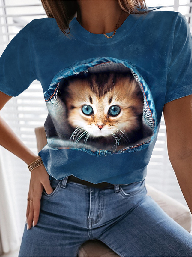  Damen T Shirt Design 3D-Druck Katze Graphic 3D Design Kurzarm Rundhalsausschnitt Täglich Bedruckt Kleidung Design Basic Schwarz Blau Leicht Blau