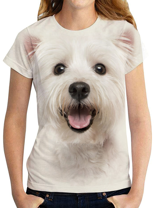  Dame T-shirt Designer 3D-udskrivning Hund Grafisk 3D Design Kortærmet Rund hals Ferie Trykt mønster Tøj Tøj Designer Basale Hvid