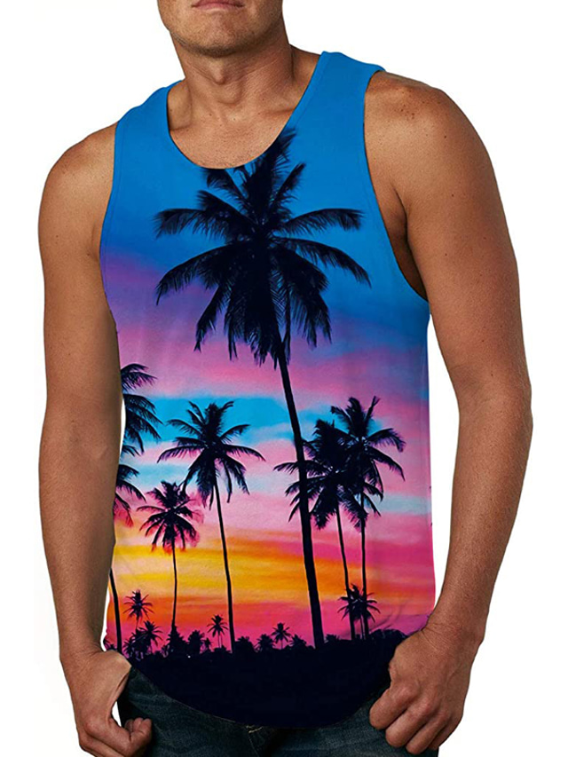  Men's Vest Top Tank Top Vest Casual Beach Summer Sleeveless Rainbow Tree Print Crew Neck Daily Holiday 3D Print Clothing Clothes Casual Beach
