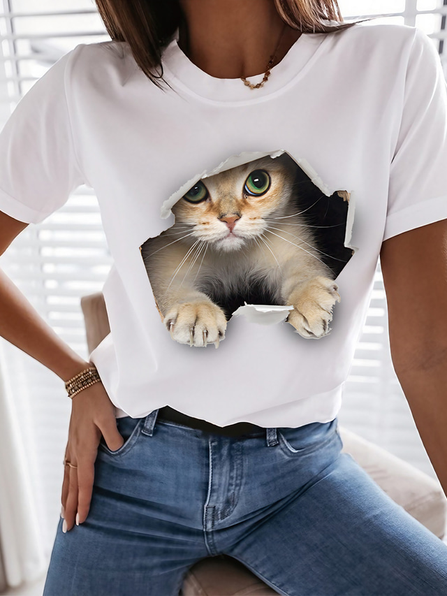  Damen Lustiges T-Shirt T Shirt Design Heißprägen Katze Graphic 3D Design Kurzarm Rundhalsausschnitt Alltag Täglich Bedruckt Kleidung Design Basic Weiß Schwarz / 3D Cat