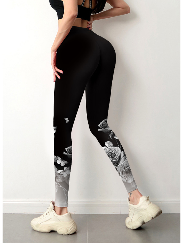  Women's Leggings Sporty Elastic Waist Print Sporty Fashion Sports Leisure Sports Weekend Stretchy Comfort Print Graphic Prints Flower / Floral Mid Waist Other Prints Black S M L