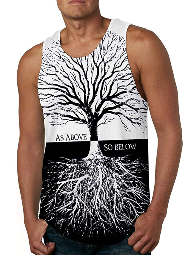  Men's Vest Top Tank Top Vest Casual Beach Summer Sleeveless Black / White Tree Print Crew Neck Daily Holiday 3D Print Clothing Clothes Casual Beach