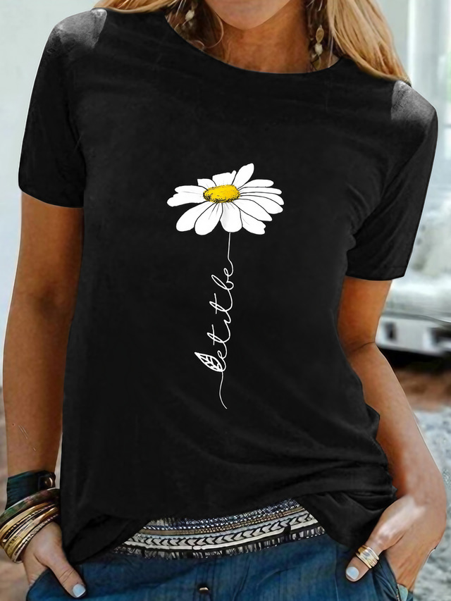 Mujer Camiseta Design Estampado en caliente Graphic Margarita Diseño Manga Corta Escote Redondo Diario Noche Estampado ropa Design Básico Negro