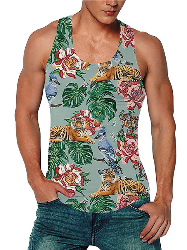  Men's Vest Top Tank Top Vest Summer Sleeveless Floral 3D Print Crew Neck Daily Holiday 3D Print Print Clothing Clothes Casual Beach Green