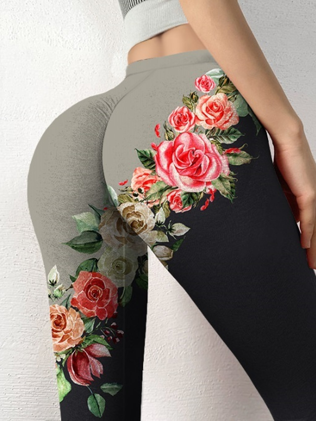  Women's Leggings Sporty Elastic Waist Print Stylish Novelty Leisure Sports Weekend Stretchy Comfort Print Graphic Prints Flower Mid Waist Other Prints Gray S M L