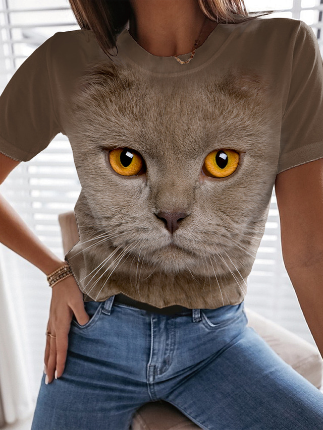  בגדי ריקוד נשים חולצה קצרה מעצב הדפסת תלת מימד חתול גראפי 3D עיצוב שרוולים קצרים צווארון עגול ליציאה דפוס בגדים בגדים מעצב בסיסי פול חאקי