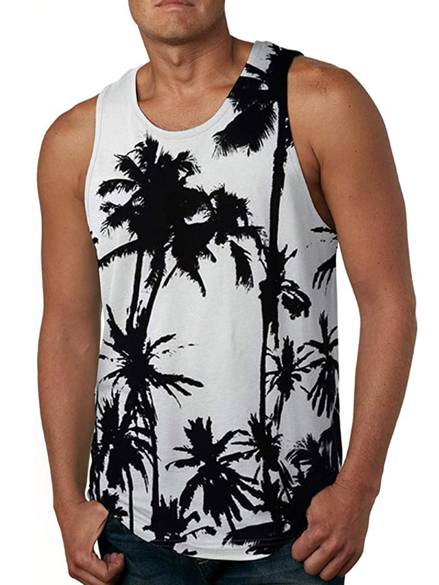  Men's Vest Top Tank Top Shirt Vest Casual Beach Summer Sleeveless Black / White Tree Print Crew Neck Daily Holiday 3D Print Clothing Clothes Casual Beach