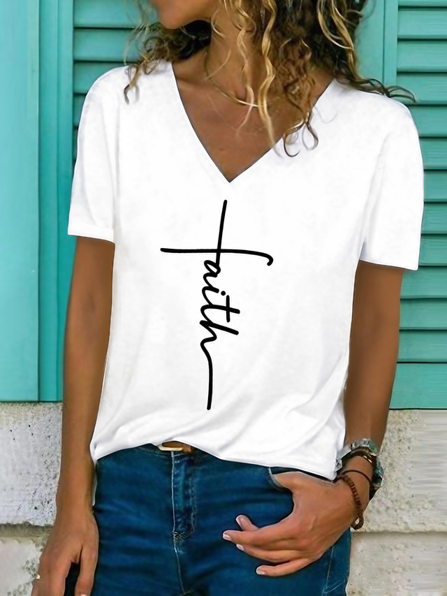  女性用 Tシャツ デザイナー 半袖 グラフィック デザイン レタード 3Dプリント Ｖネック 日常 プリント 服装 デザイナー ベーシック ヴィンテージ ホワイト
