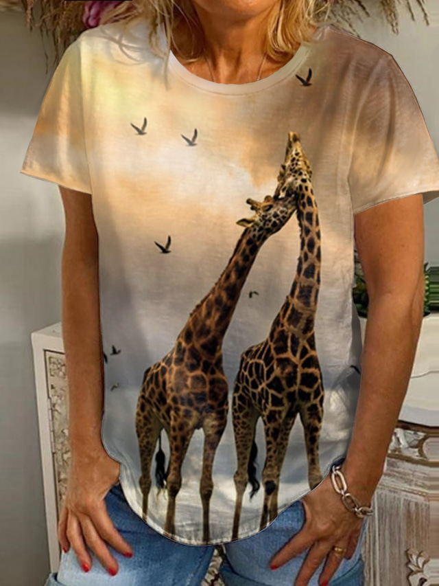  Women's T shirt Tee Designer 3D Print Graphic 3D Giraffe Design Short Sleeve Round Neck Daily Print Clothing Clothes Designer Basic Yellow