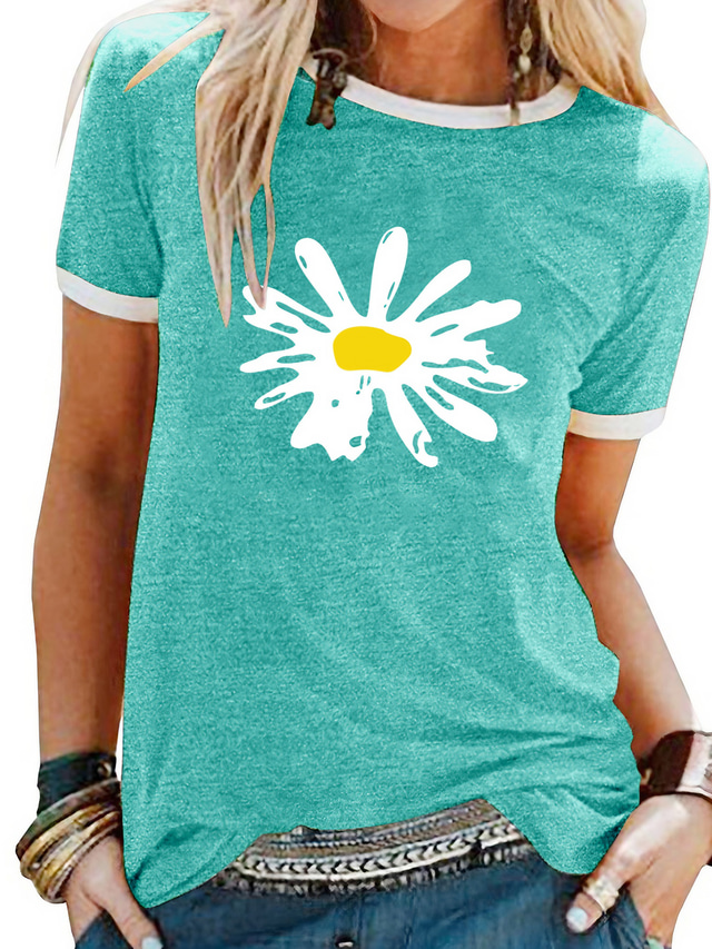 Naisten Kukkais-teema Päivänkakkara T-paita Kukka Päivänkakkara Painettu Pyöreä kaula-aukko Perus Topit Uima-allas Purppura Musta