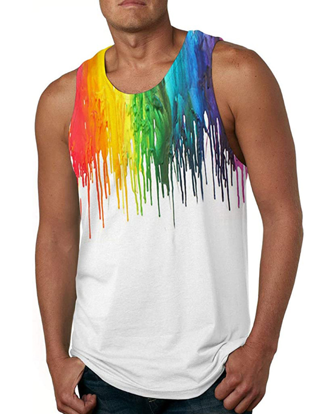  Men's Vest Top Tank Top Shirt Vest Casual Beach Summer Sleeveless Black / White Rainbow Colorful Print Crew Neck Daily Holiday 3D Print Clothing Clothes Casual Beach