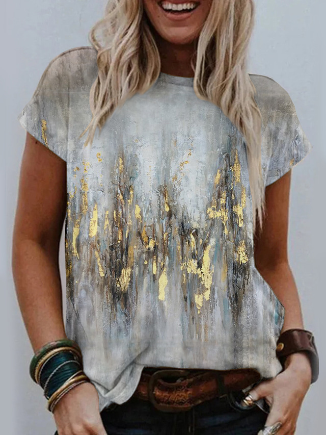  女性用 Tシャツ デザイナー 3Dプリント フラワー グラフィック デザイン 半袖 ラウンドネック 日常 プリント 服装 デザイナー ベーシック グレー イエロー カーキ色