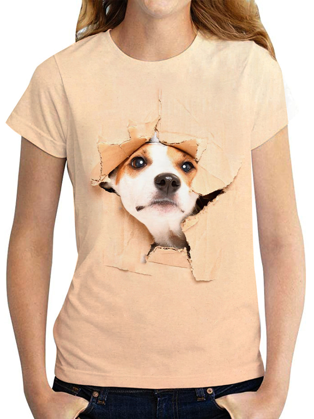  Damen T Shirt Design 3D-Druck Hund Graphic 3D Design Kurzarm Rundhalsausschnitt Täglich Bedruckt Kleidung Design Basic Weiß Gelb Orange