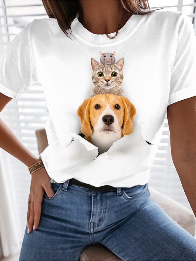  Dame T-shirt Designer Varm Stempling Kat Hund 3D Design Dyr Kortærmet Rund hals Afslappet Daglig Trykt mønster Tøj Tøj Designer Basale Hvid