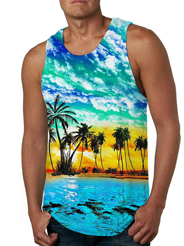  Men's Tank Top Vest Casual Beach Summer Sleeveless Orange et Rose dragée Blue Yellow White Tree Print Crew Neck Daily Holiday 3D Print Clothing Clothes Casual Beach