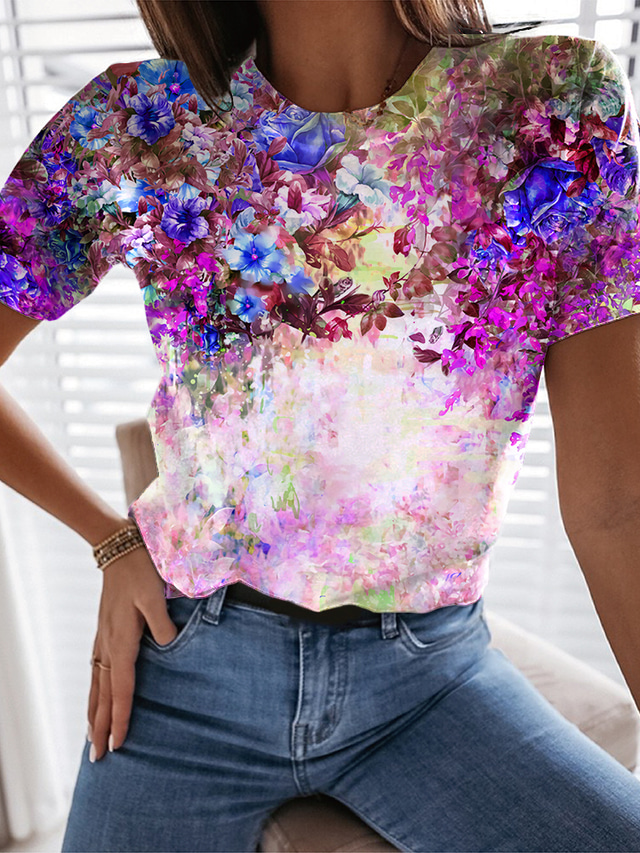  女性用 Tシャツ フラワー グラフィック 3D 日常 お出かけ フローラルテーマ ペインティング Tシャツ 半袖 プリント ラウンドネック ベーシック グリーン ブルー パープル S / デザイン / 3Dプリント