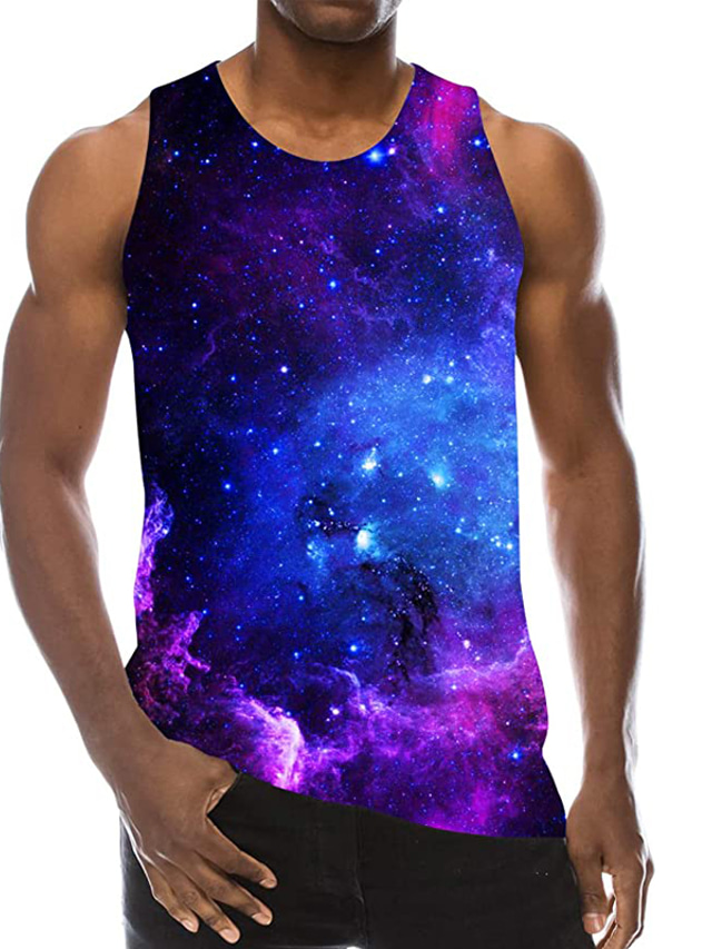  Men's Vest Top Tank Top Casual Beach Summer Sleeveless Rainbow Galaxy Print Crew Neck Daily Holiday 3D Print Clothing Clothes Casual Beach