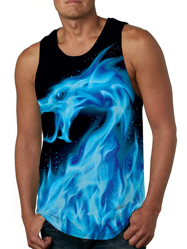  Men's Vest Top Tank Top Vest Casual Beach Summer Sleeveless Blue Dragon Print Crew Neck Daily Holiday 3D Print Clothing Clothes Casual Beach
