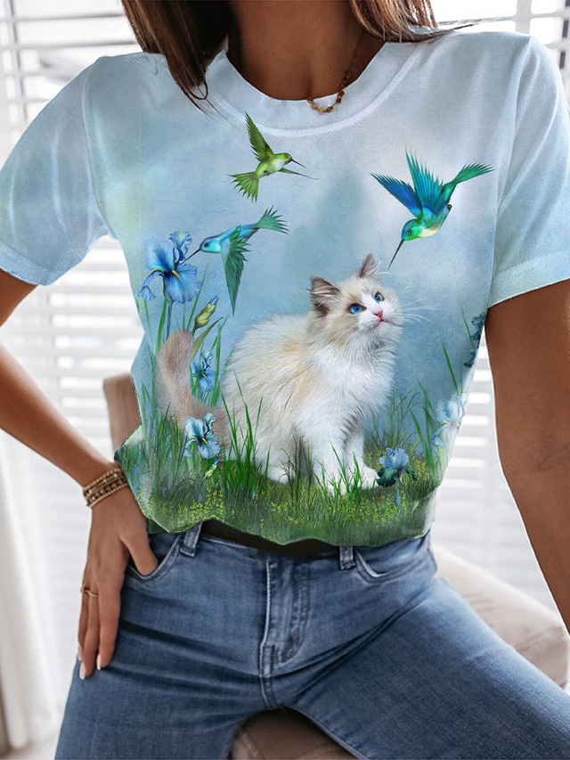  Dame T-shirt Designer 3D-udskrivning Kat Grafisk 3D Fugl Design Kortærmet Rund hals Daglig Trykt mønster Tøj Tøj Designer Basale Grøn Blå Lyseblå