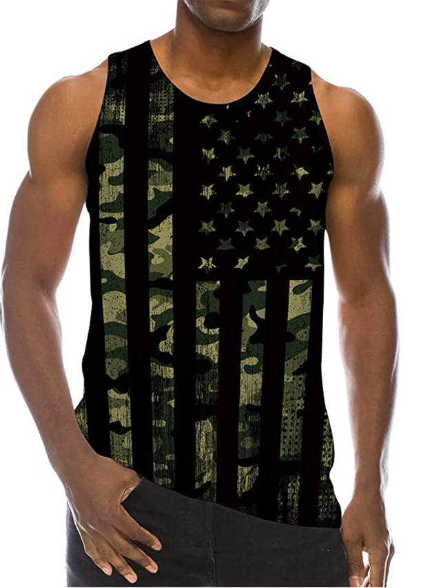  Men's Vest Top Tank Top Casual Beach Summer Sleeveless Green Gray Striped Print Crew Neck Daily Holiday 3D Print Clothing Clothes Casual Beach