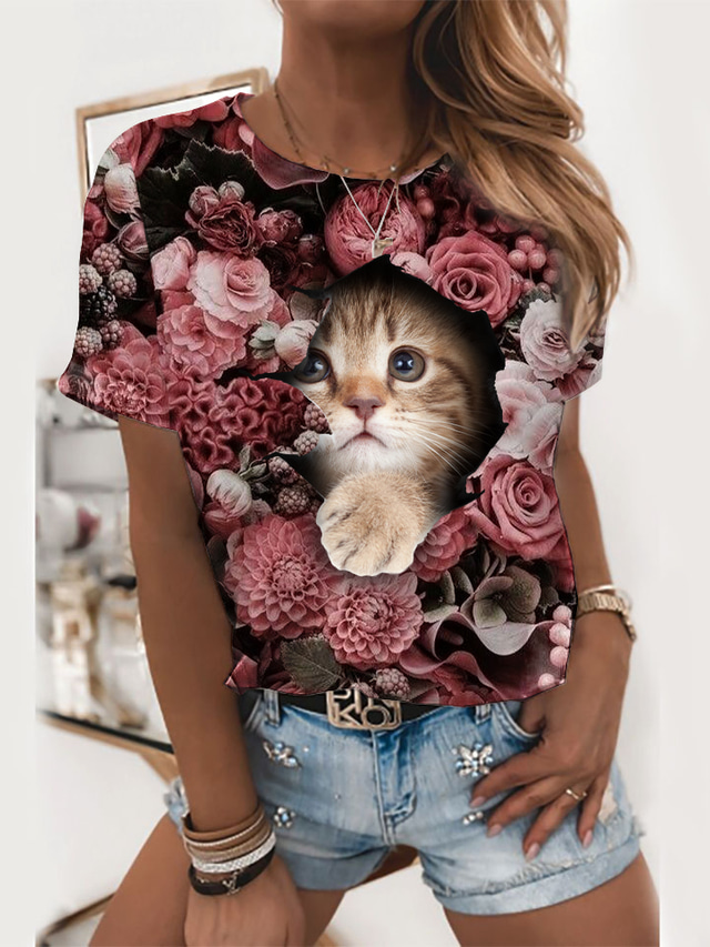  女性用 Tシャツ デザイナー 3Dプリント フラワー 猫 グラフィック デザイン 半袖 ラウンドネック お出かけ プリント 服装 デザイナー ベーシック ブラック