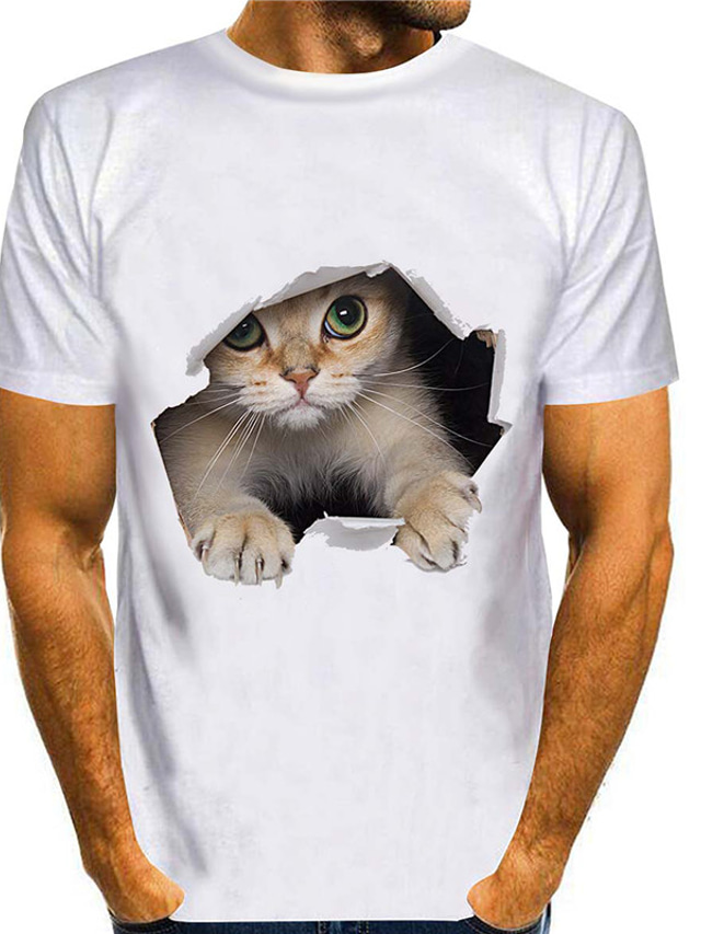  Cat in Hole Herren-Grafik-Shirt, 3D-buntes Sommer-Baumwoll-T-Shirt mit Tiermotiven, Rundhalsausschnitt, grün, blau, lila, gelb, orange, Übergröße, lässiges, tägliches, kurzes T-Shirt