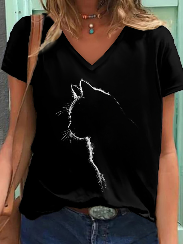  Dame T-shirt Designer Kortærmet Kat Grafisk Design 3D-udskrivning V-hals Daglig Trykt mønster Tøj Tøj Designer Basale Sort