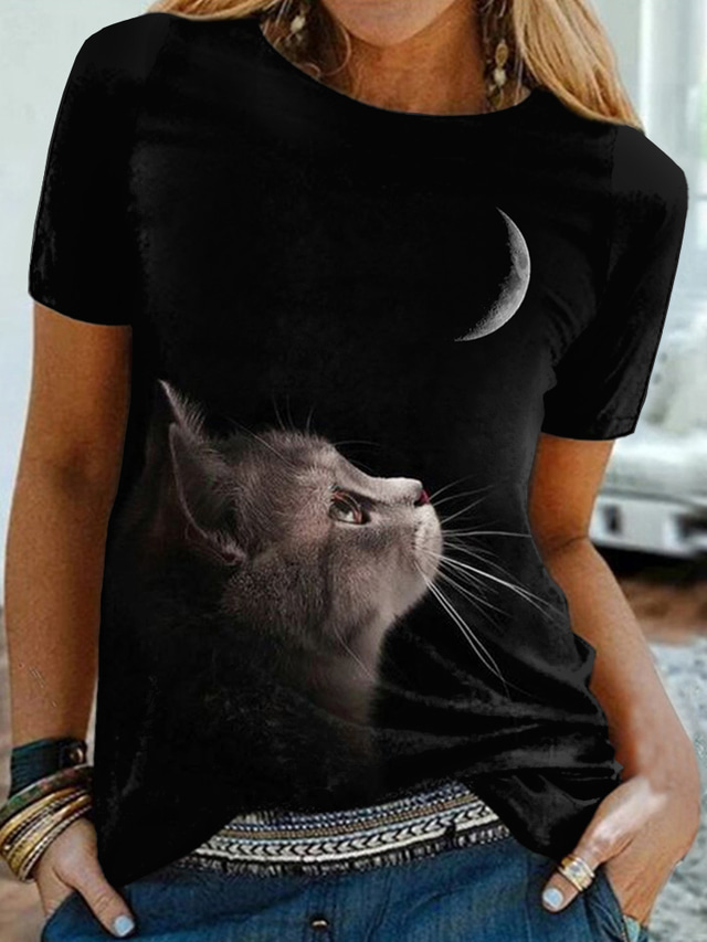  Dames T-shirt Ontwerper 3D-afdrukken Heelal Kat Grafisch 3D Ontwerp Korte mouw Ronde hals Dagelijks Afdrukken Kleding Kleding Ontwerper Basic Zwart