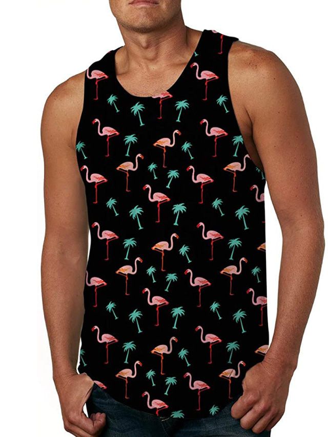  Men's Tank Top Vest Top Vest Casual Beach Summer Sleeveless Black Navy Blue Gray Flamingo Print Crew Neck Daily Holiday 3D Print Clothing Clothes Casual Beach