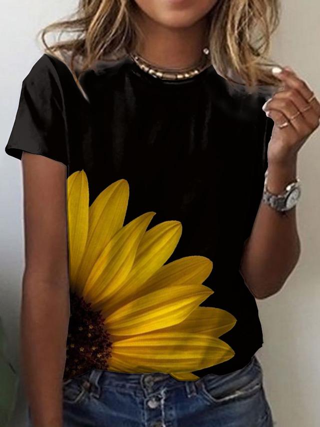  Damen T Shirt Design 3D-Druck Blumen Graphic Design Kurzarm Rundhalsausschnitt Täglich Bedruckt Kleidung Design Basic Weiß Schwarz