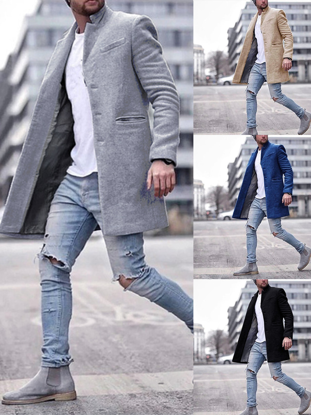 Men's Overcoat Trench Coat Winter Long Woolen Solid Colored Overcoat Classic Style Work Daily Warm Black Khaki Gray