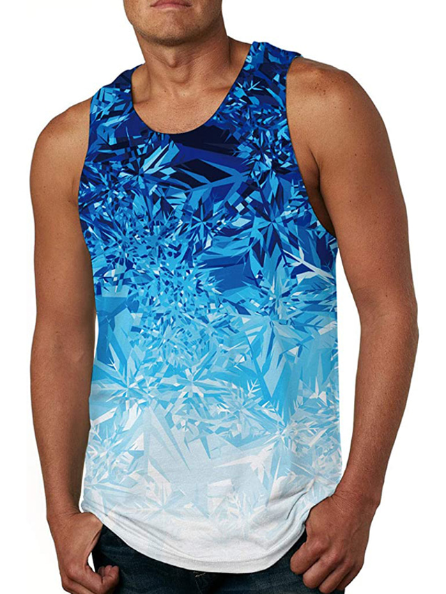  Men's Vest Top Tank Top Shirt Vest Casual Beach Summer Sleeveless Blue Crystal Print Crew Neck Daily Holiday 3D Print Clothing Clothes Casual Beach