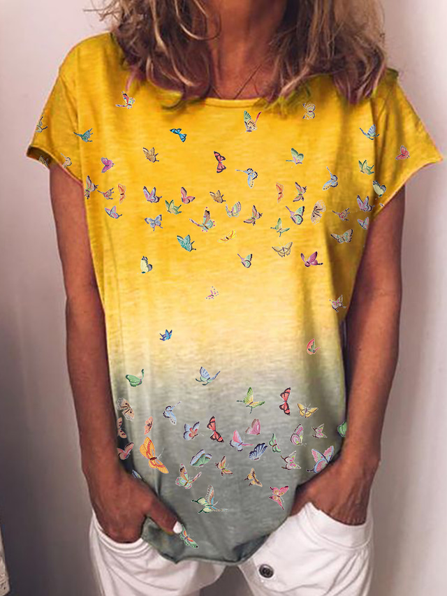  Mujer Camiseta Design Impresión 3D Gradiente de Color Graphic Mariposa Manga Corta Escote Redondo Diario Fin de semana Estampado ropa Design Básico Verde Trébol Azul Piscina Amarillo