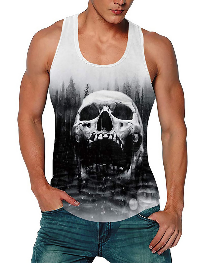  Men's Vest Top Tank Top Vest Casual Beach Summer Sleeveless Black / White Skull Print Crew Neck Daily Holiday 3D Print Print Clothing Clothes Casual Beach
