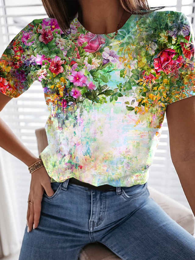  Femme T shirt Tee Design 3D effet Floral Graphic 3D Design Manches Courtes Col Rond du quotidien Imprimer Vêtements Design basique Blanche Bleu Violet