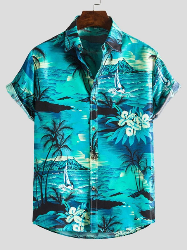  Herre Skjorte Hawaii skjorte Grafisk Hawaiiansk Aloha Zebra Design Krave Knap ned krave Blå Lilla Grøn Andre tryk Daglig I-byen-tøj Kortærmet krave skjorter Trykt mønster Tøj Designer Boheme