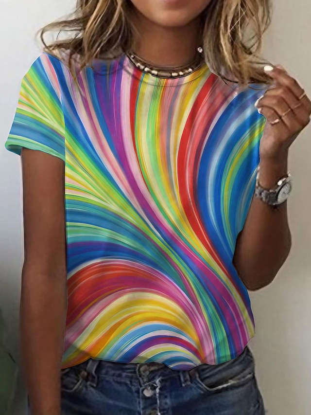  Damen T Shirt Design 3D-Druck Graphic Farbblock Design Kurzarm Rundhalsausschnitt Täglich Bedruckt Kleidung Design Basic Regenbogen