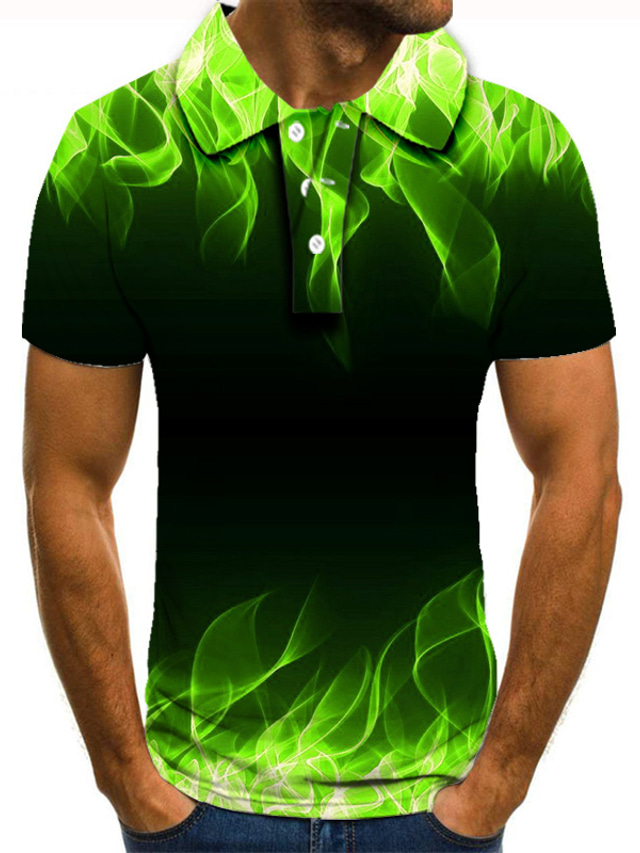  Men's Collar Polo Shirt T shirt Tee Golf Shirt Tennis Shirt Fashion Cool Casual Short Sleeve Black / White Green Blue Graphic Prints Flame 3D Print Collar Street Casual Button-Down Clothing Clothes