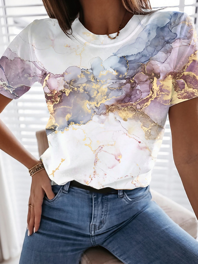  女性用 Tシャツ デザイナー 3Dプリント グラフィック きらきら 落書き きらびやか デザイン 半袖 ラウンドネック 日常 プリント 服装 デザイナー ベーシック ホワイト