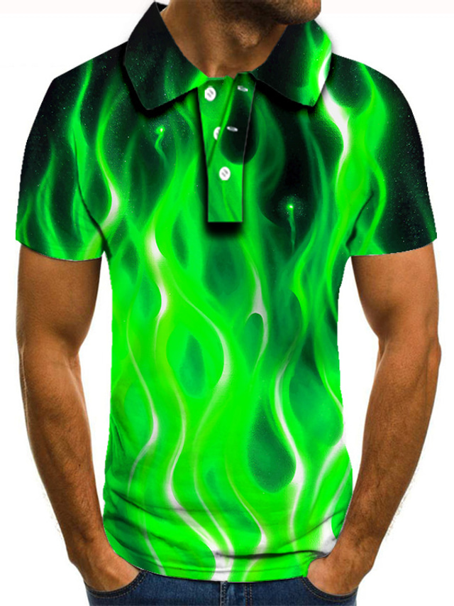  Herre POLO Trøje Golftrøje Tennistrøje T-shirt 3D-udskrivning Grafiske tryk Flamme Krave Gade Afslappet Knap ned Kortærmet Toppe Afslappet Mode Sej Grøn
