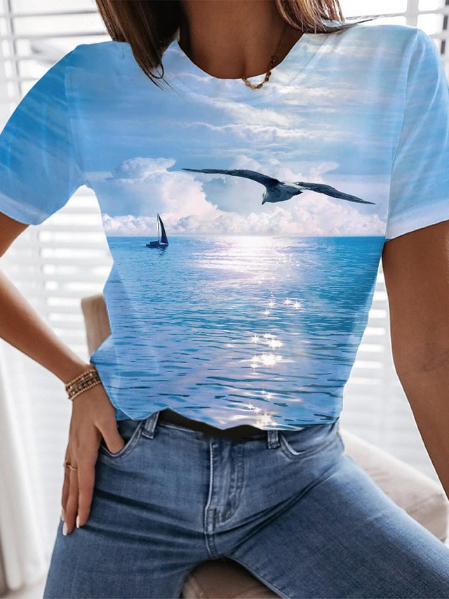  Dame T-shirt Designer 3D-udskrivning Grafisk Fugl Design Kortærmet Rund hals Ferie Trykt mønster Tøj Tøj Designer Basale Strandstil Lyseblå