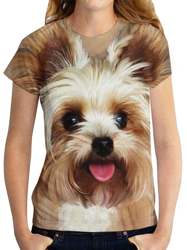  Damen T Shirt Design 3D-Druck Hund 3D Design Tier Kurzarm Rundhalsausschnitt Täglich Bedruckt Kleidung Design Basic Khaki
