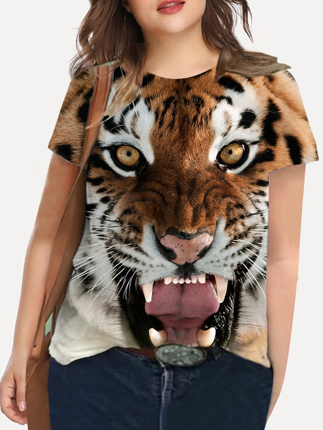  Damen Übergröße Oberteile T-Shirt Grafik Tiger Bedruckt Kurzarm Rundhalsausschnitt Grundlegend Täglich Festtage Baumwoll-Spandex-Trikot Gelb