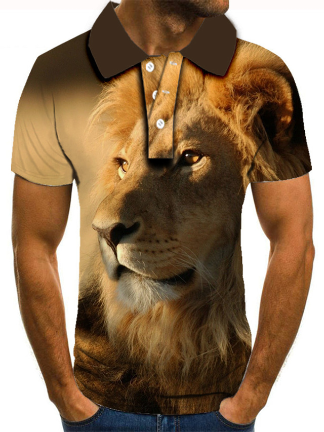  Herre POLO Trøje Golftrøje Tennistrøje T-shirt 3D-udskrivning Grafiske tryk Løve Dyr Krave Gade Afslappet Knap ned Kortærmet Toppe Afslappet Mode Sej Brun