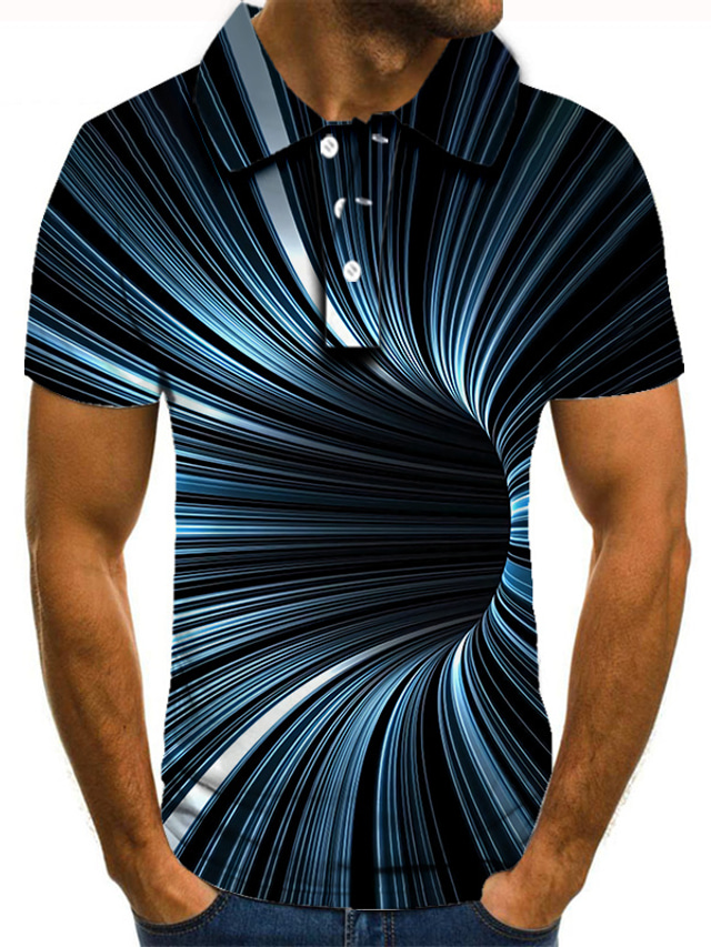  Men's Collar Polo Shirt T shirt Tee Golf Shirt Tennis Shirt Fashion Cool Casual Short Sleeve Black / White Green Blue 3D Graphic Prints Linear 3D Print Collar Street Casual Button-Down Clothing