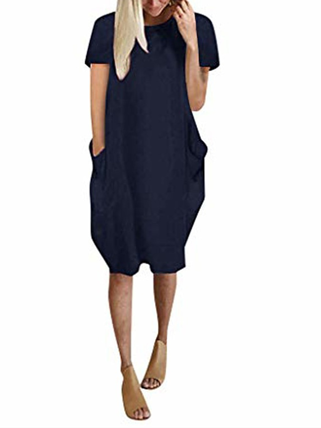  Vestido túnica de mujer suelta manga corta color sólido oversize holgado camisa de verano mini vestidos con bolsillos azul marino