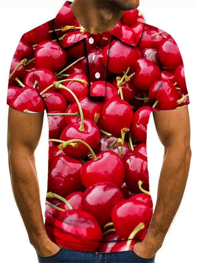  Men's Collar Polo Shirt T shirt Tee Golf Shirt Tennis Shirt Fashion Cool Casual Short Sleeve Red Fruit Graphic Prints 3D Print Collar Street Casual Button-Down Clothing Clothes Fashion Cool Casual