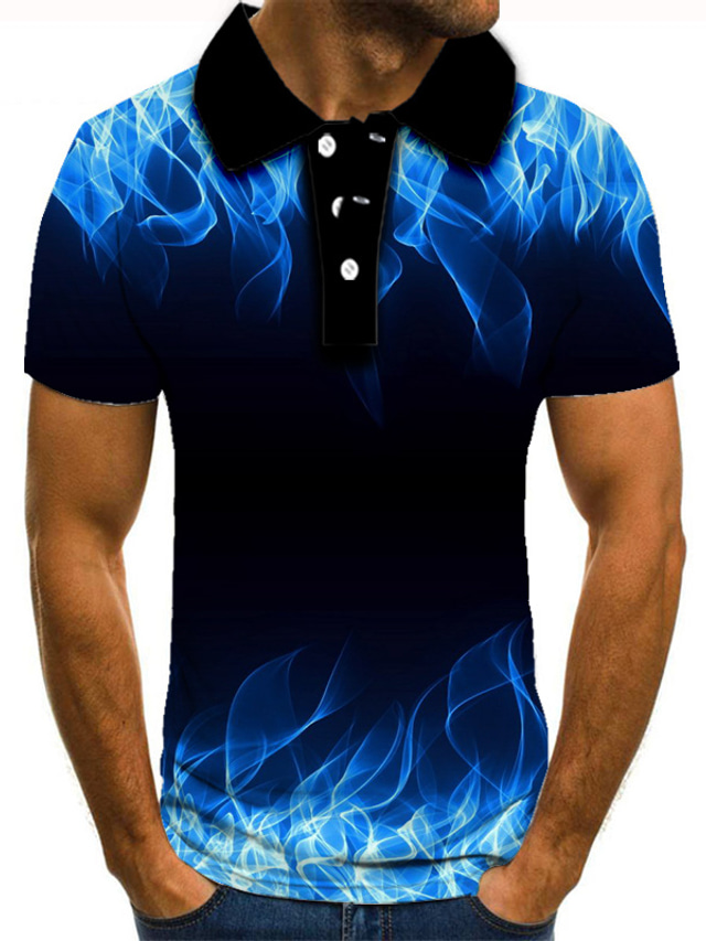  Men's Collar Polo Shirt T shirt Tee Golf Shirt Tennis Shirt Fashion Cool Casual Short Sleeve Blue Graphic Prints Flame 3D Print Collar Street Casual Button-Down Clothing Clothes Fashion Cool Casual